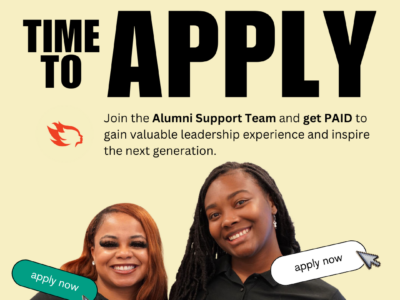 text says time to apply with an image of PeerForward employees smiling