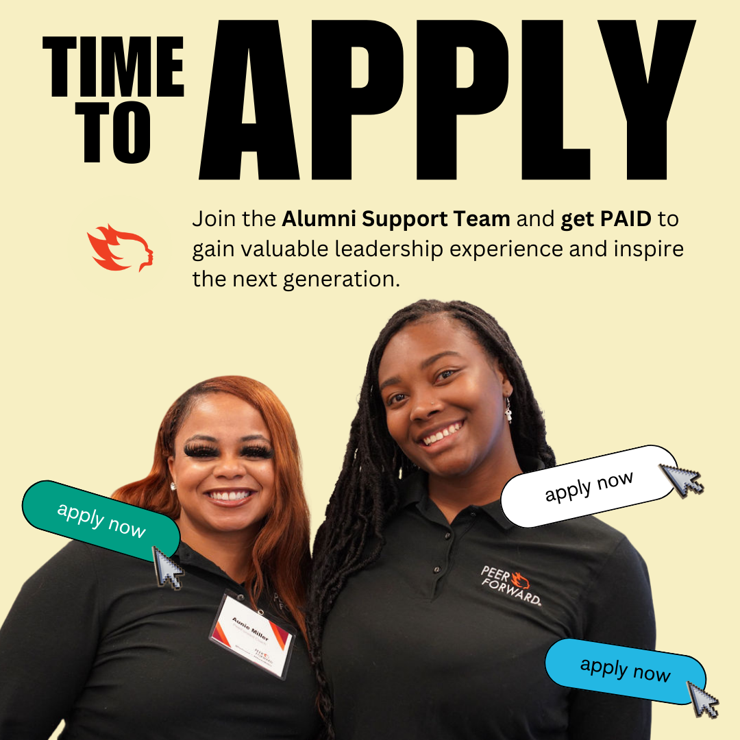 text says time to apply with an image of PeerForward employees smiling