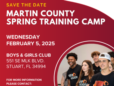 invitation to Martin County Spring Training Camp hosted by PeerForward Wednesday February 5, 2025. Boys and Girls Club 551 SE MLK Blvd Stuart FL