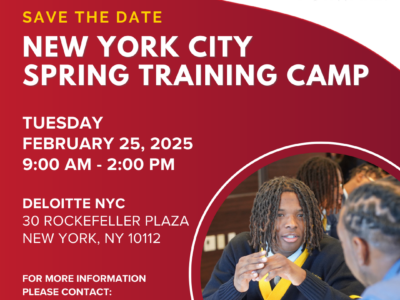 PeerForward New York City spring training camp invitation Tuesday February 25 2025 9 am to 2:00 pm at Deloitte NYC 30 rockerfeller plaza new york new york students pictured smiling